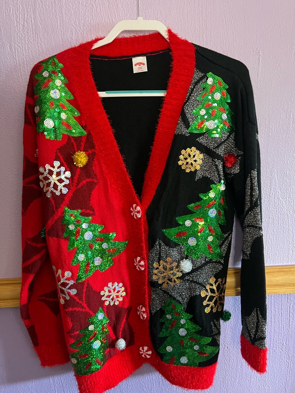 Christmas Holiday Cardigan Sweater Green Trees Snowflakes Candy Canes Red Black